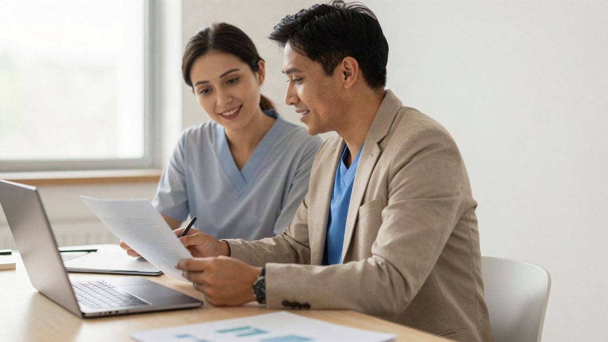 Dos profesionales, uno con uniforme clínico y otro de traje, revisando juntos un documento y una laptop