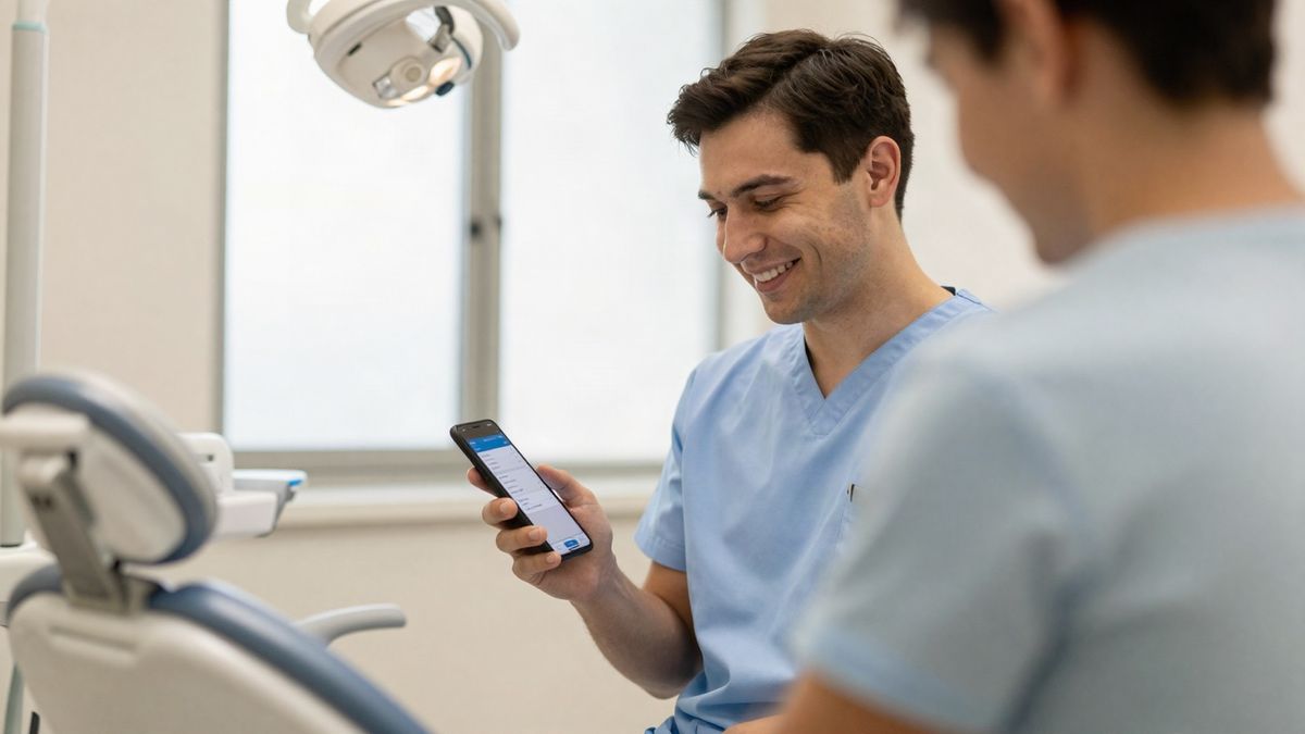 Odontólogo sonriendo mientras revisa la app de Bilog en su celular, en un consultorio