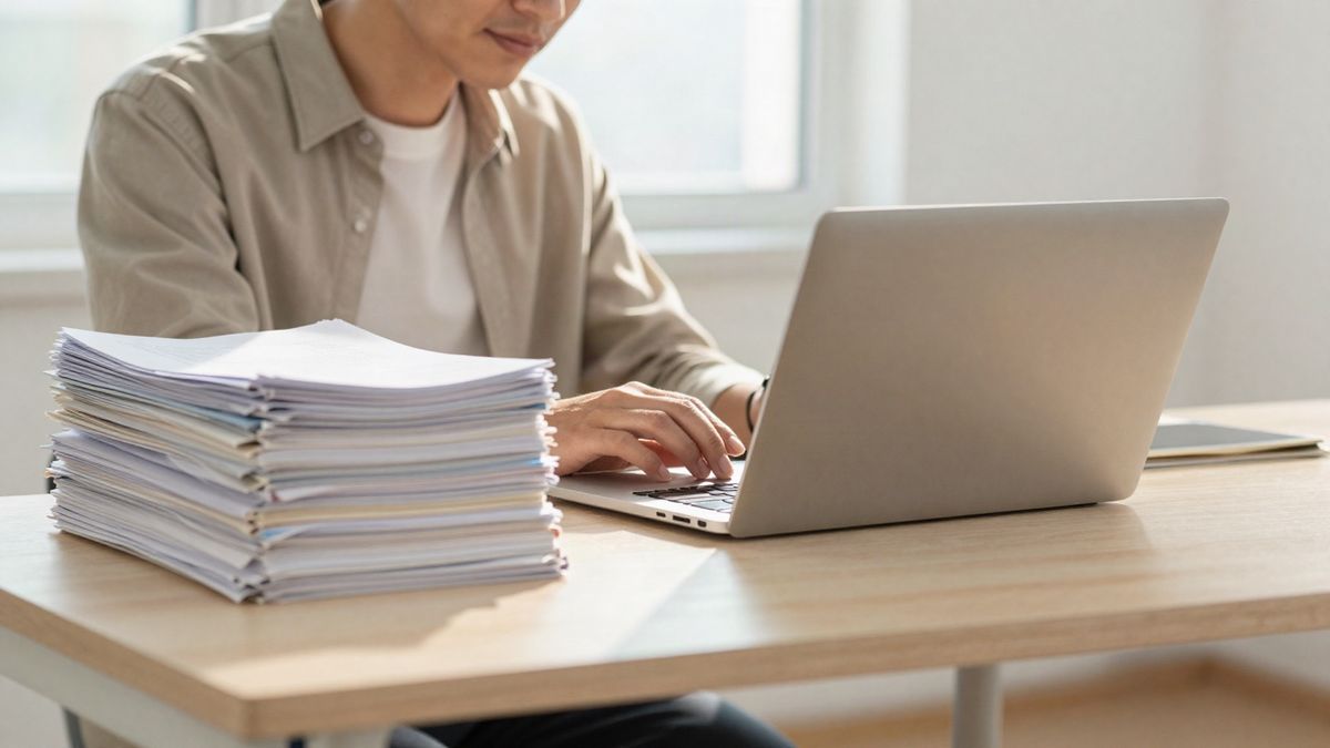 Persona revisando tranquilamente una laptop junto a una pila de documentos en papel, en una oficina luminosa
