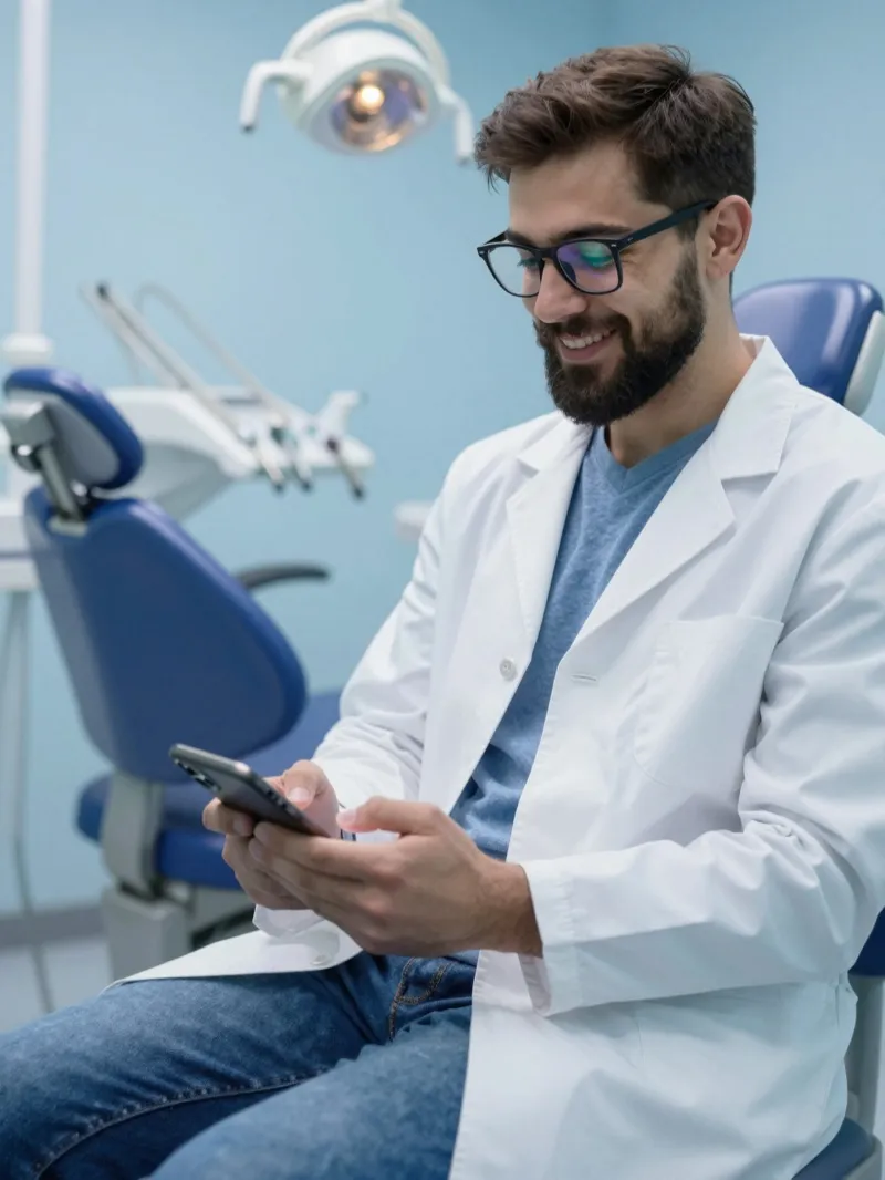 Odontólogo sonriendo mientras usa su celular en el consultorio