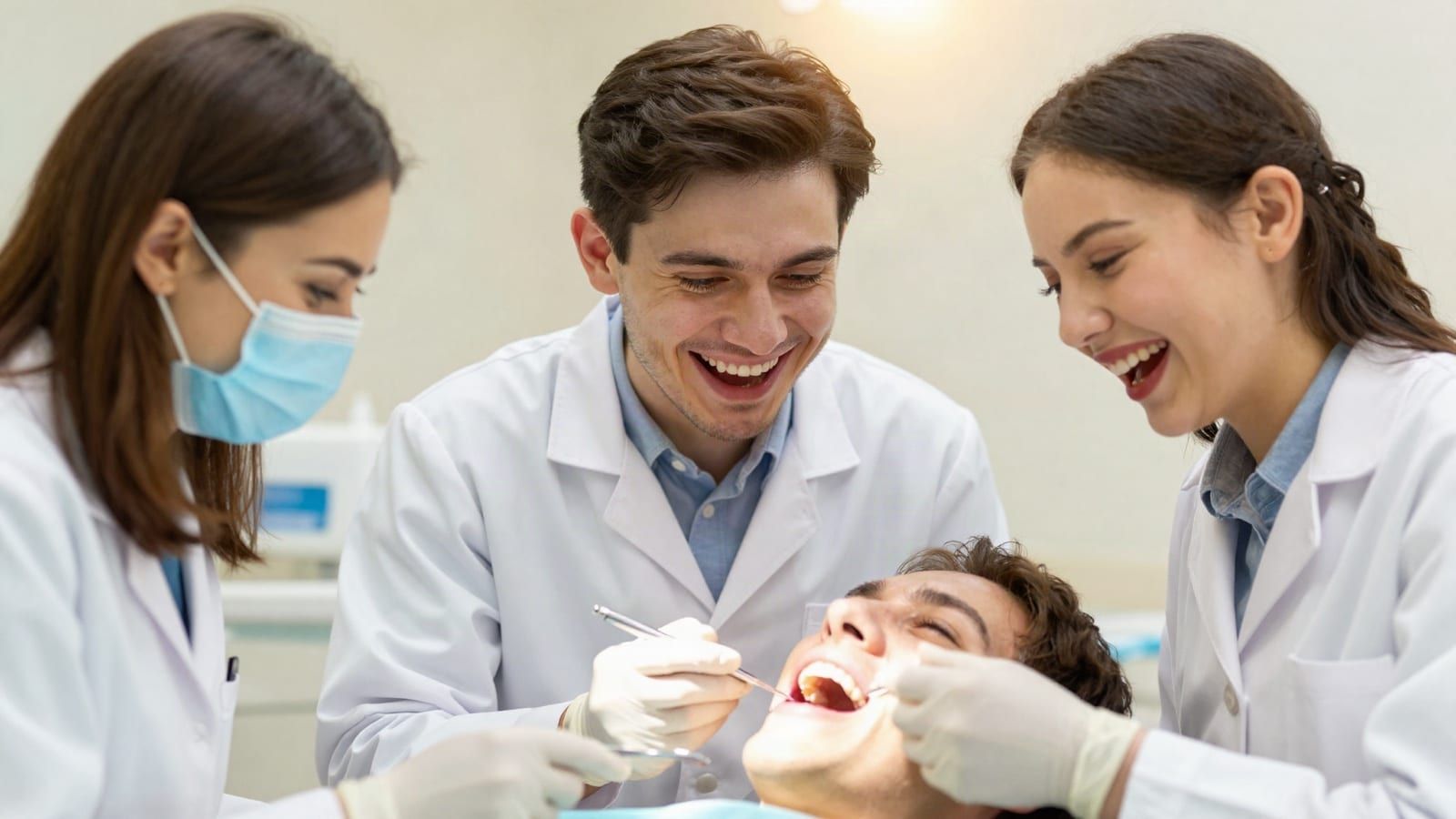 Tres estudiantes de odontología con batas blancas riendo junto a un paciente durante una práctica clínica
