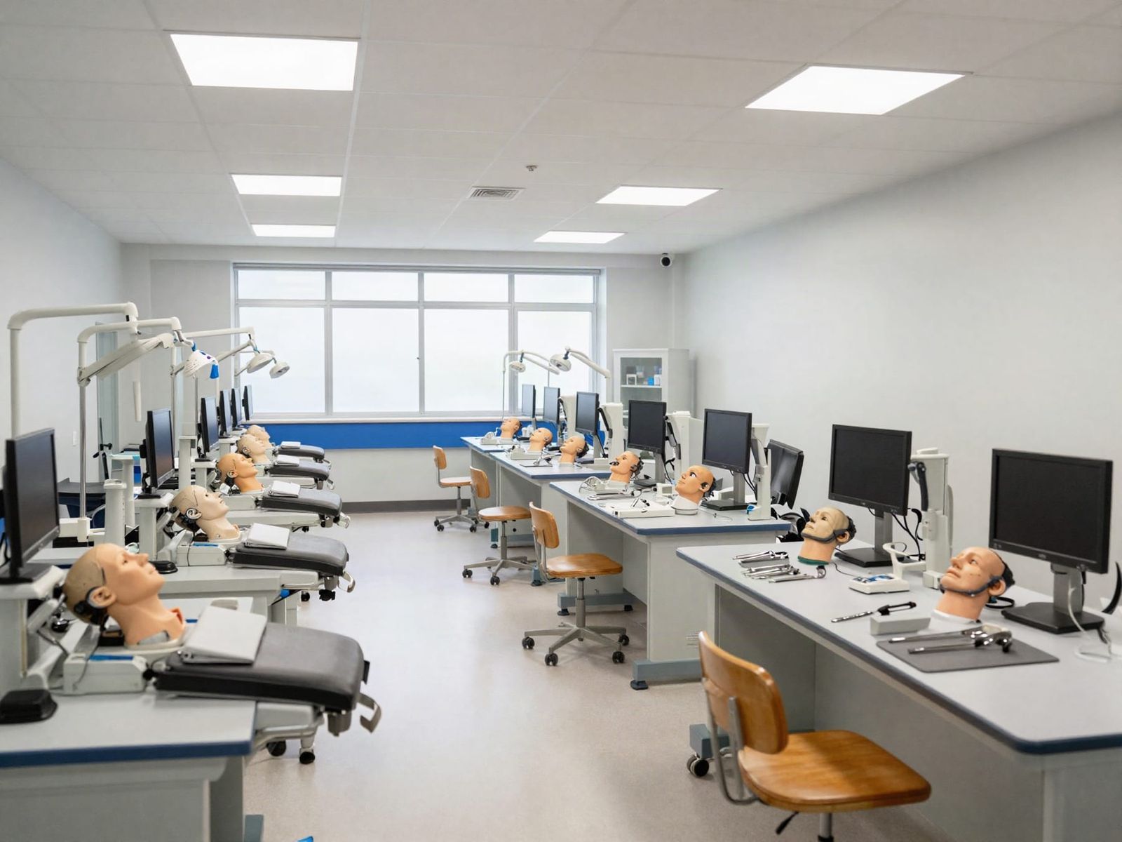 Laboratorio de simulación dental vacío, con dos filas de estaciones equipadas con fantomas anatómicos, en referencia al beneficio para la facultad