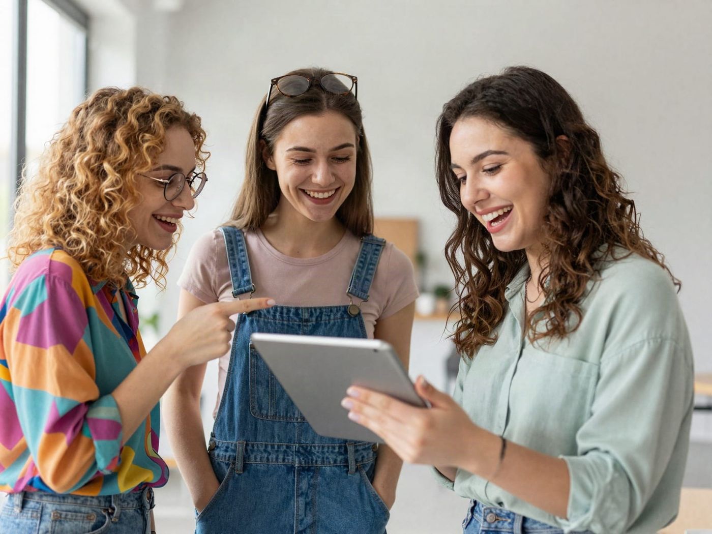 Tres jóvenes riendo alrededor de una tablet en un ambiente luminoso, en referencia al acceso a las licencias académicas de Bilog